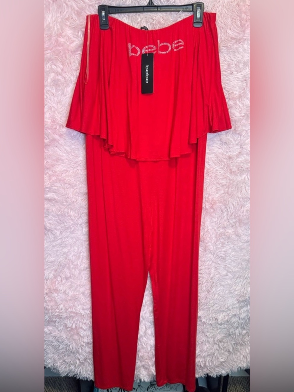 Vintage bebe Red Strapless Rhinestone Logo Jumpsuit NWT - Picture 3 of 7
